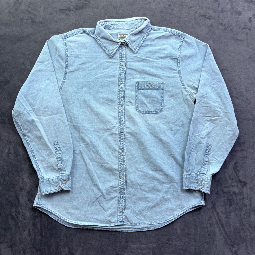 LL Bean Womens Medium Denim Button Down Shirt Light Wash Cotton Long Sleeve